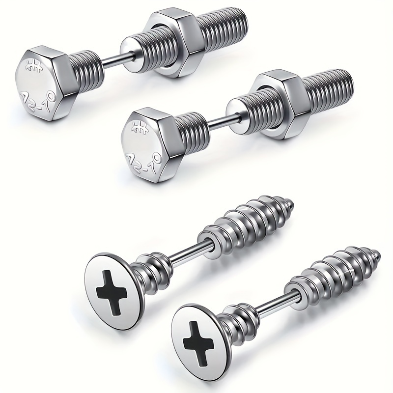

4-piece Punk Stud Earrings Set, Men' Steel Screw Earrings, Black Plated, Ear Posts