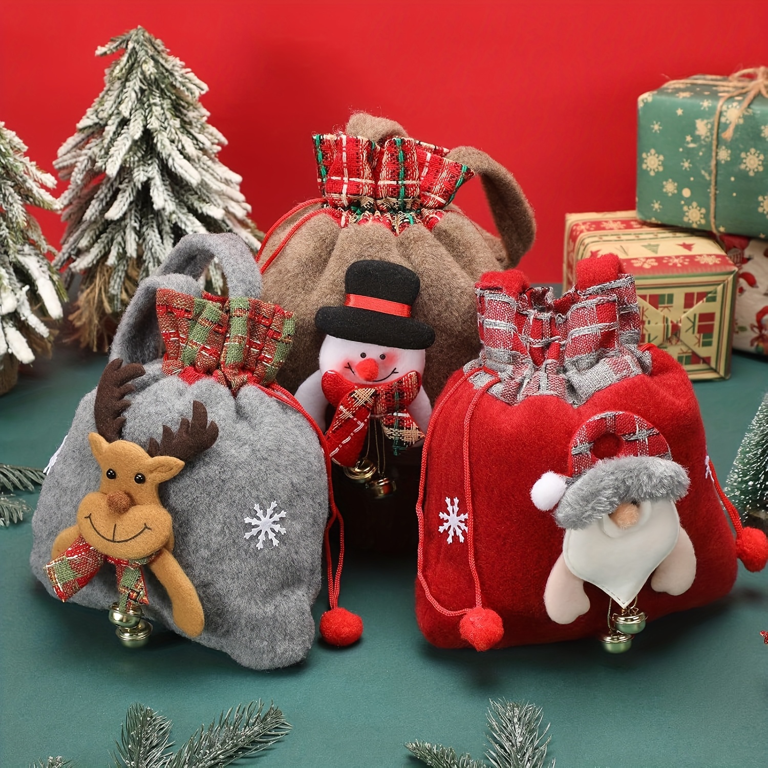 TEMU Set di 3 sacchetti regalo di Natale in peluche, sacchetti regalo riutilizzabili con coulisse natalizi, sacchetti per bambole natalizi, sacchetti