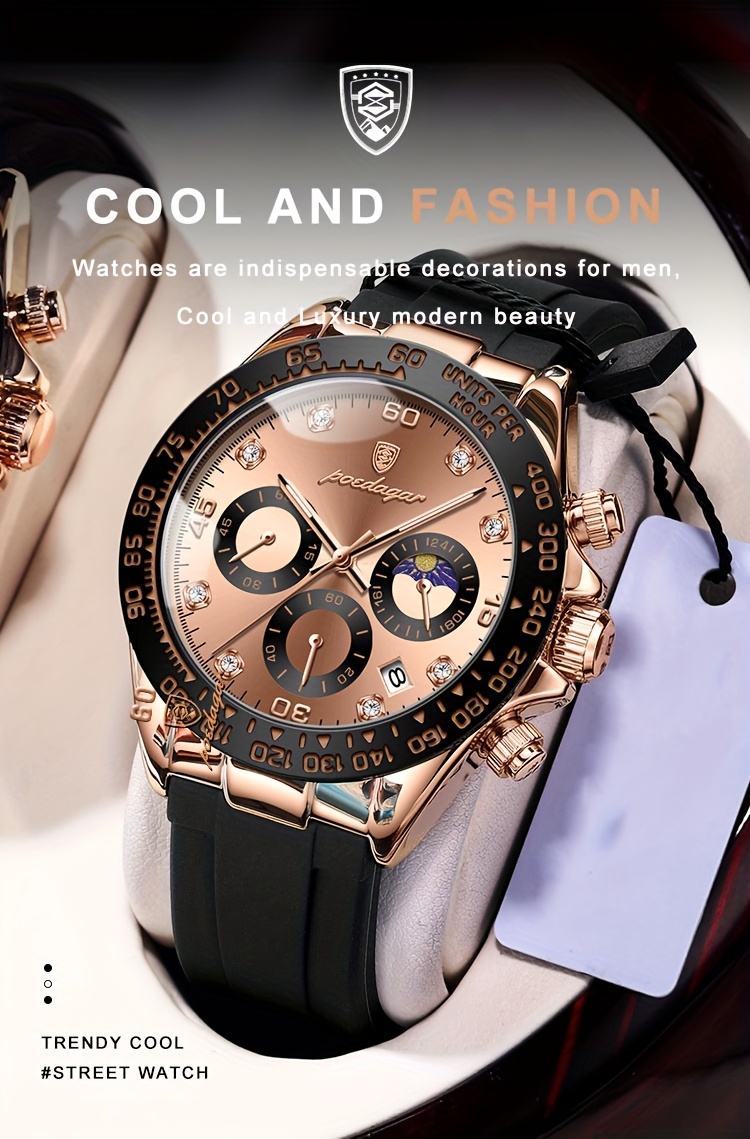 s waterproof quartz watch rose golden luminous calendar timer silicone strap business fashion style ideal for students professionals details 2