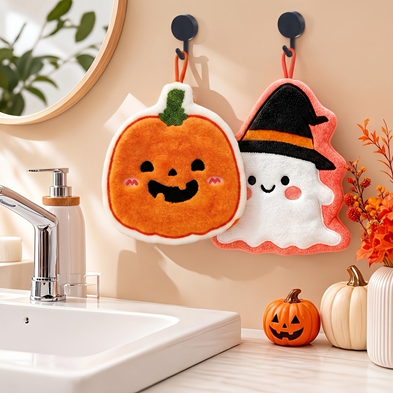 TEMU Set da 4 pezzi: 1 Asciugamano da appendere a forma di strega di Halloween + 1 Asciugamano a forma di zucca + 2 ganci, Asciugamano da in pile di