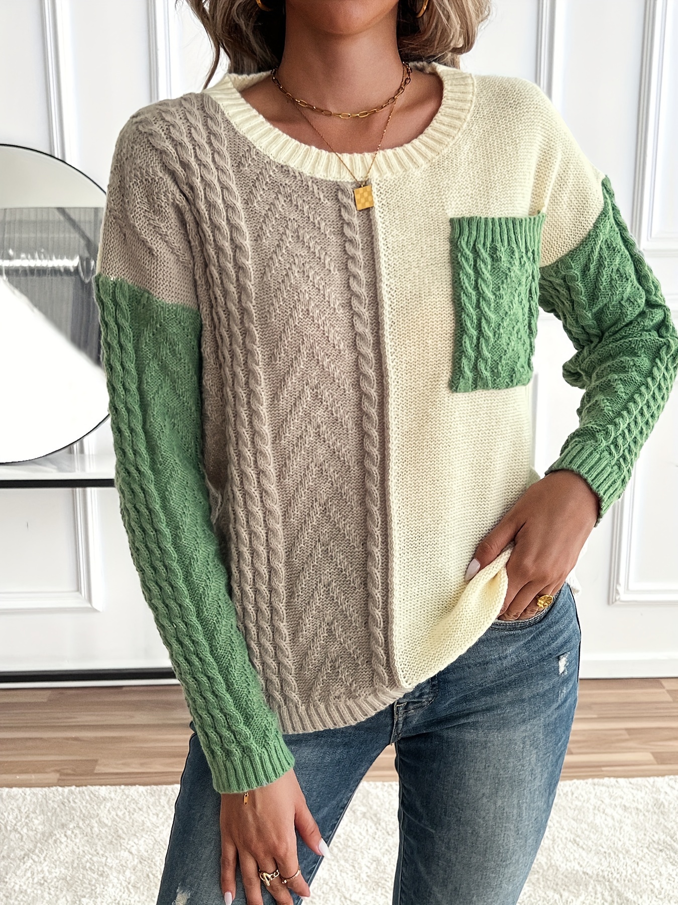 womens color block cable knit sweater casual two tone Temu