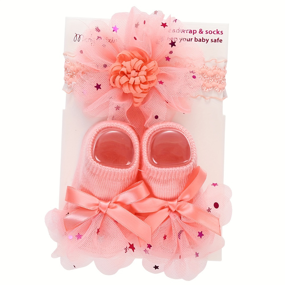 Image of 1 Set Of Kid's Cotton Blend Fashion Lace & Low-cut Socks & Hairbands, Comfy & Breathable Soft & Elastic Sets For Spring And Summer