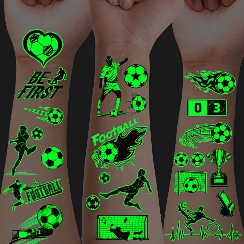 

10 Sheets Glow In The Dark Football Temporary Tattoos - Luminous Soccer Ball, Goal, Trophy & Whistle Designs - Perfect For Football Team Gifts, Birthday Party Favors & Game Day Decorations