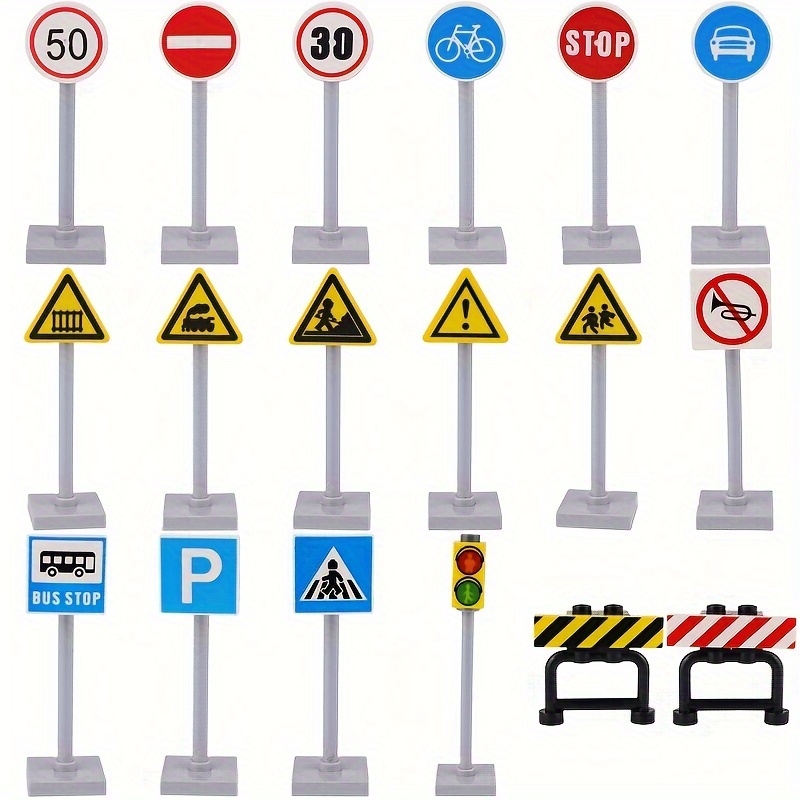 

18 Sets Street Traffic Building Blocks, City Road Traffic Signs Blocks Toys, Classic Sign Warning Board Bricks Toy Parts
