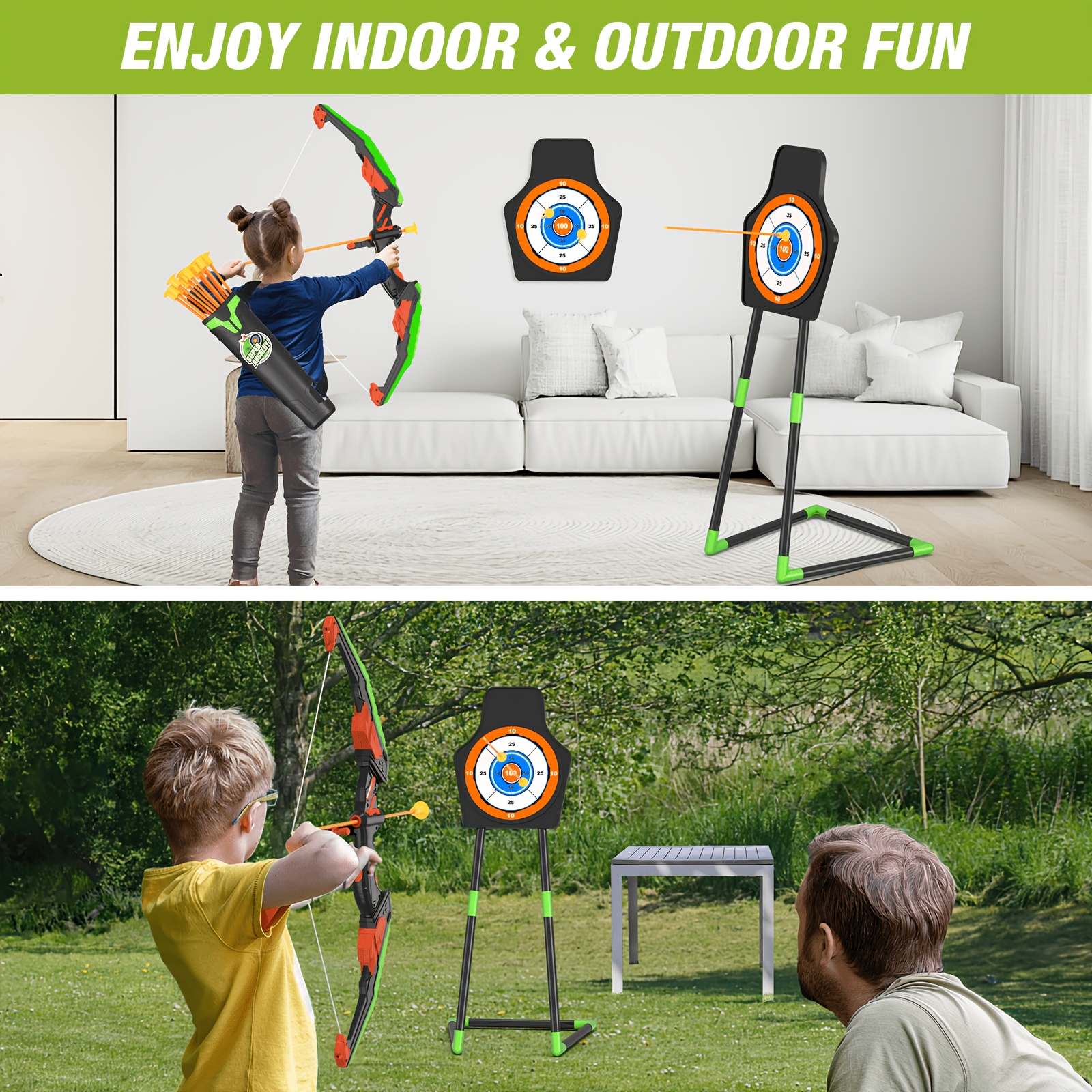 TEMU Bow And Arrow For Kids, Led Light Up With 12 Suction Cup Arrows, 1 Standing Milestone And 1 , Gifts For Boys Girls Ages 3-12, Green, Birthday