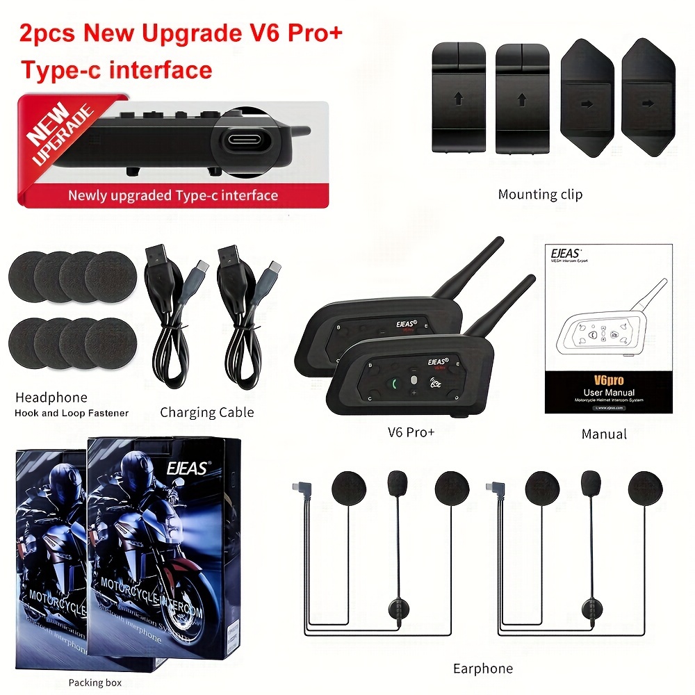 2x EJEAS V6 PRO Motorcycle Bluetooth Intercom 1200m + Sticker Earphone  Mount