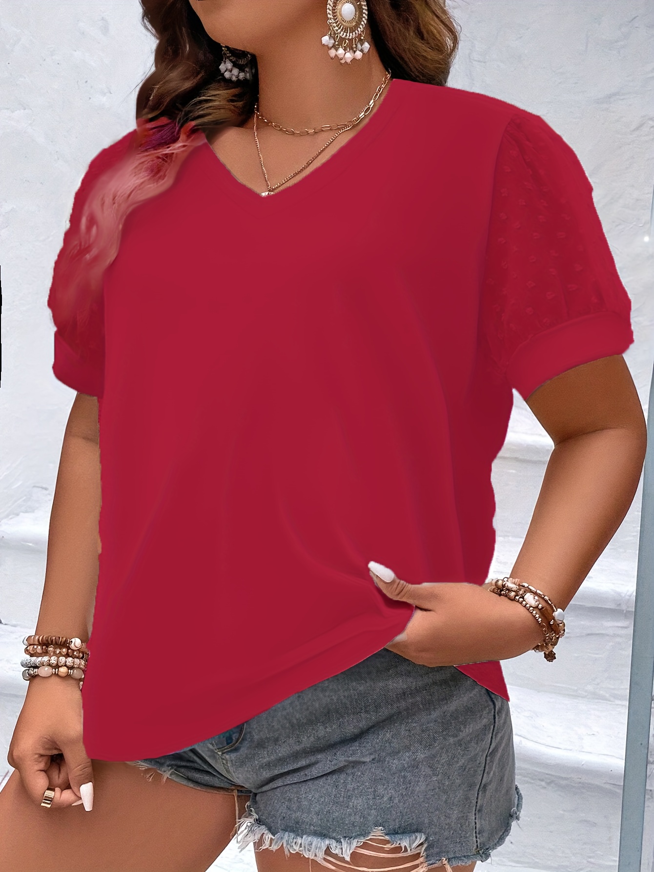 Plus Size Mesh Stitching T-Shirt, Casual V Neck Short Sleeve T-Shirt, Women's Plus Size?Clothing