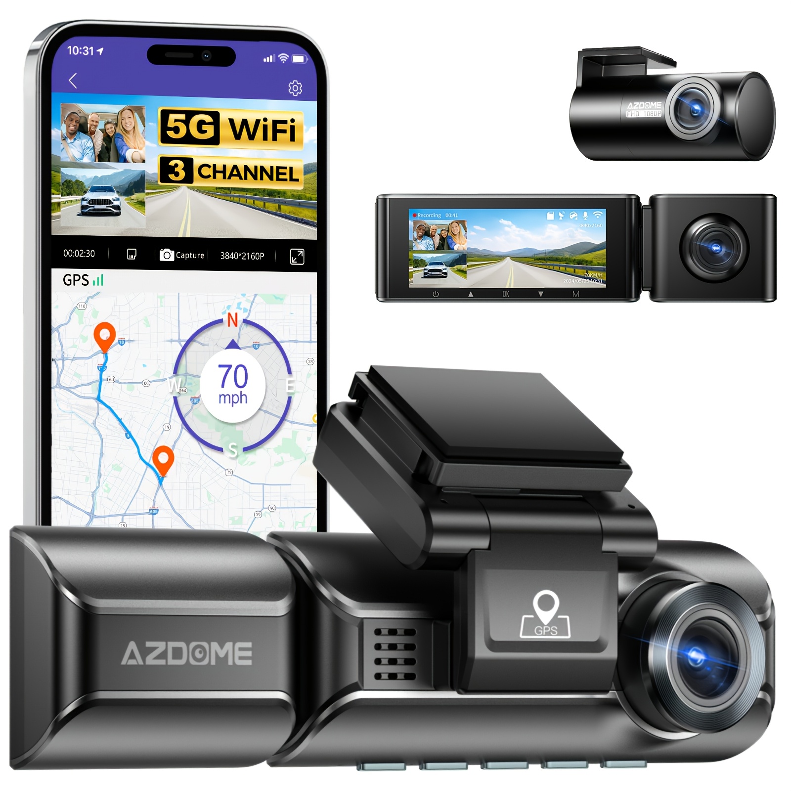 Azdome Three-channel Dash Cam, Front And Rear Inside 2.5k+1080p+1080p, 3.19" Ips Screen, Vision, Built-in 5g Wifi And Gps, 64g Card Included, Rear Camera Mirror Flip Function, 24h Parking Mode.