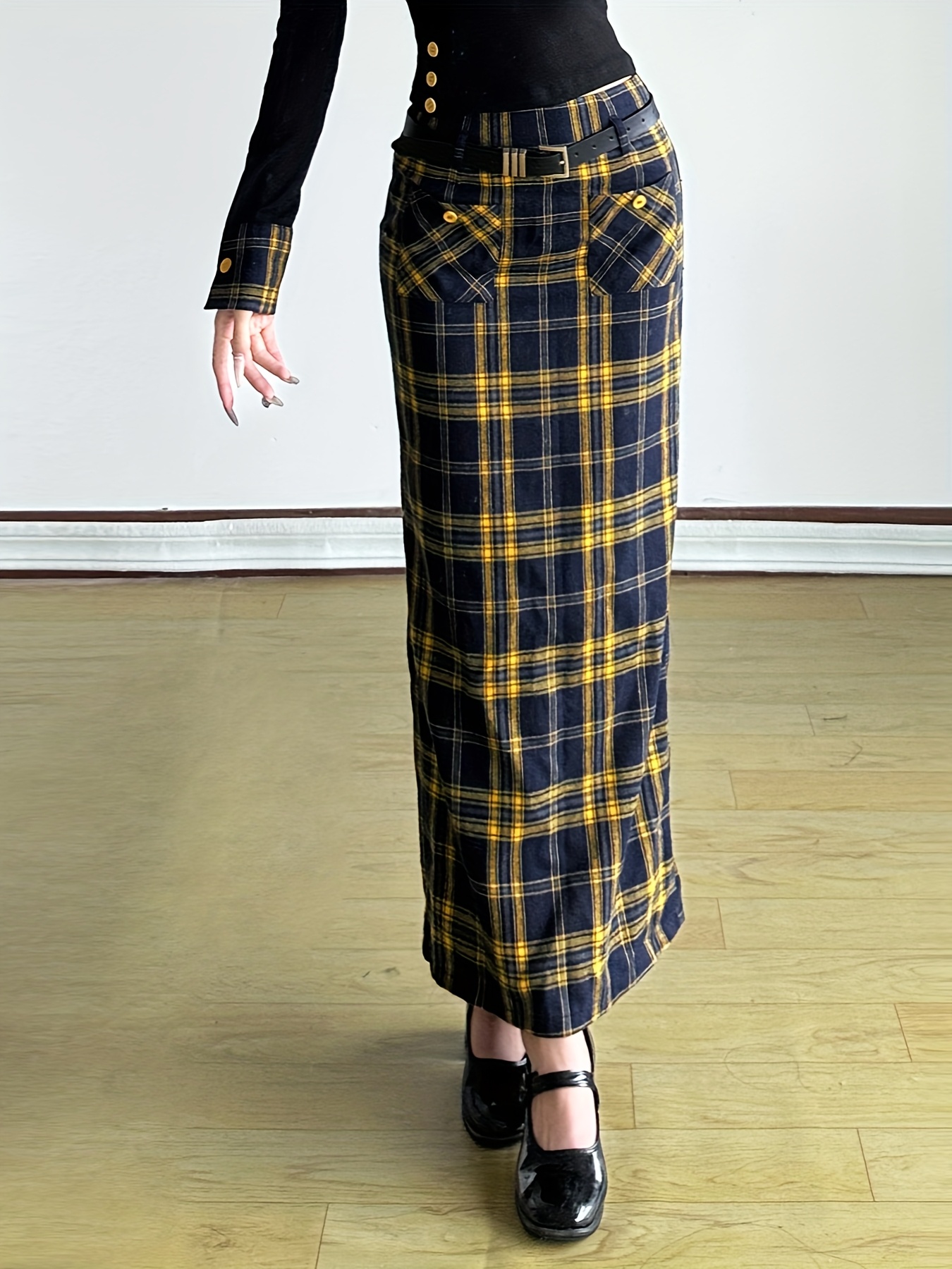 Vintage British Tartan A-Line Skirt with Belt Scottish-Kilt Style  Half-Circle Hem, /Tan/* Grid Pattern, Non-Stretch Fit f