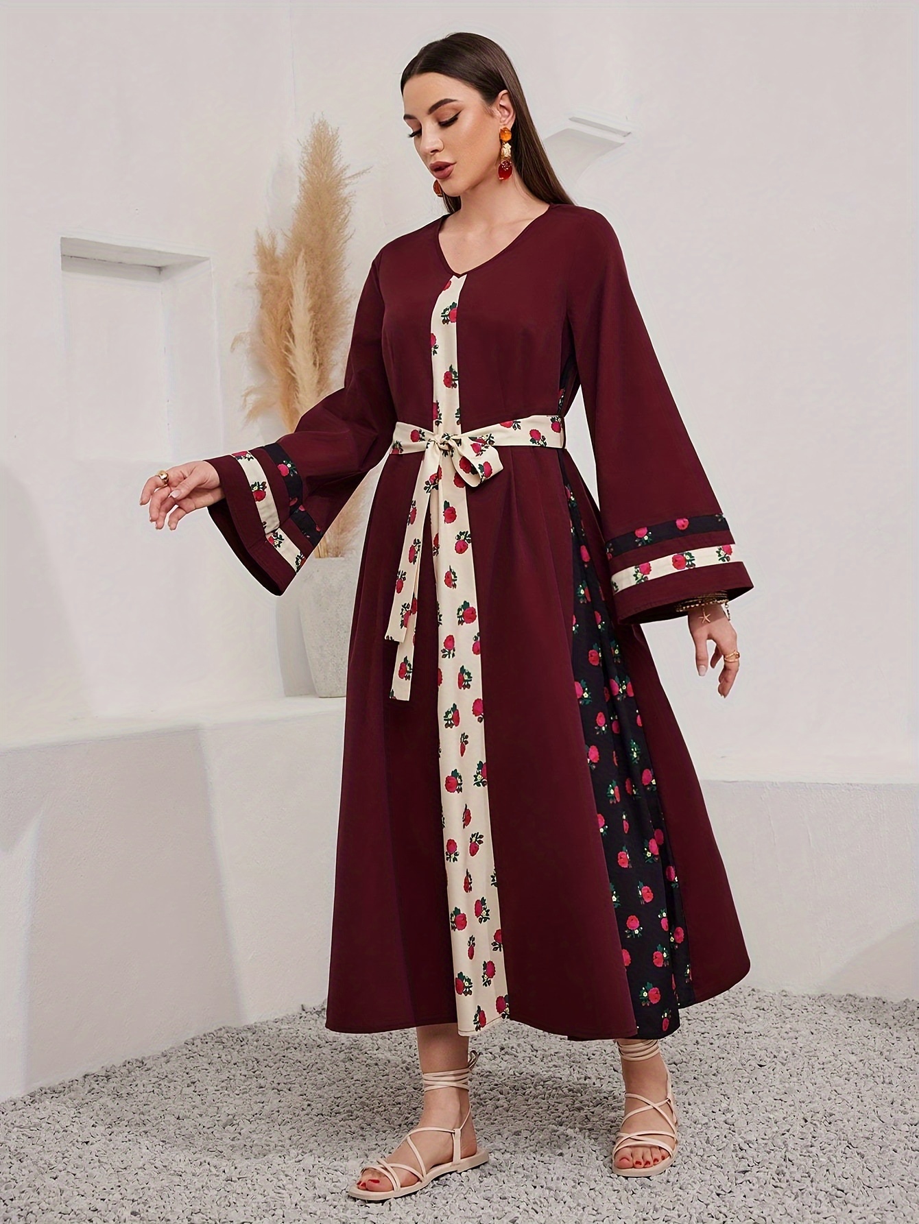 womens arabian abaya dress burgundy contrast trim sleeve - Temu United Arab  Emirates