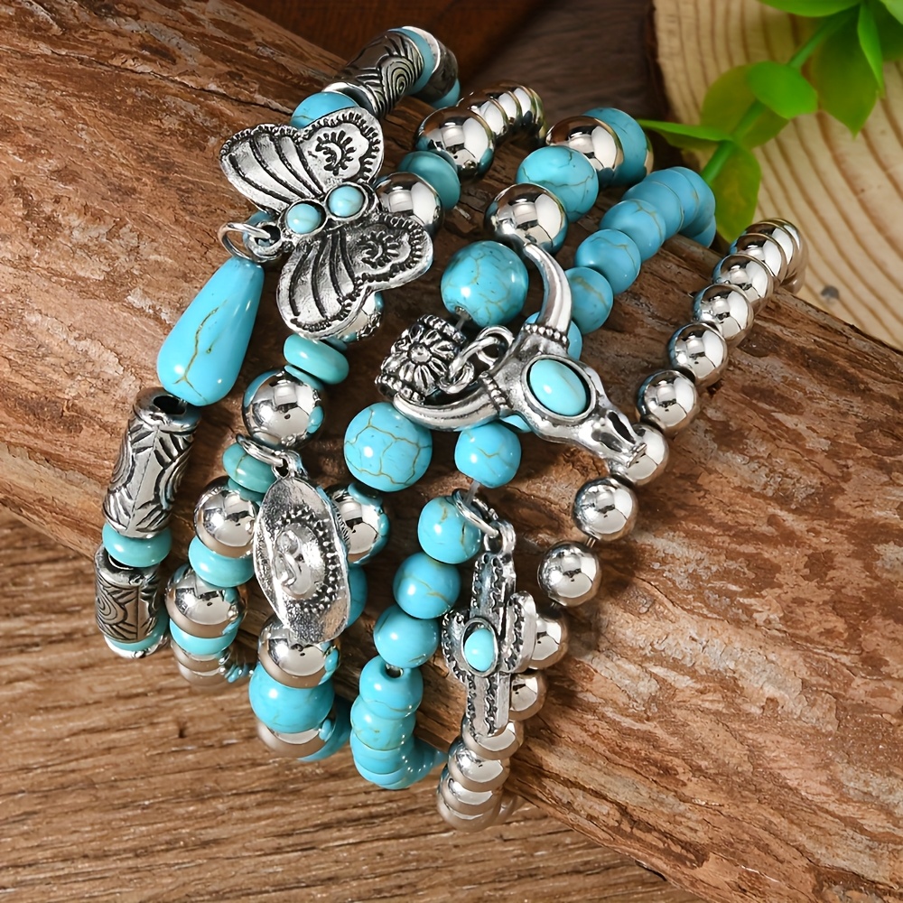 E-shop Bohemian-Stil Damen Armband Set, mit Schmetterling, Hut 5-teiligem Türkis Armband, Paar Armbänder, Geschenkset