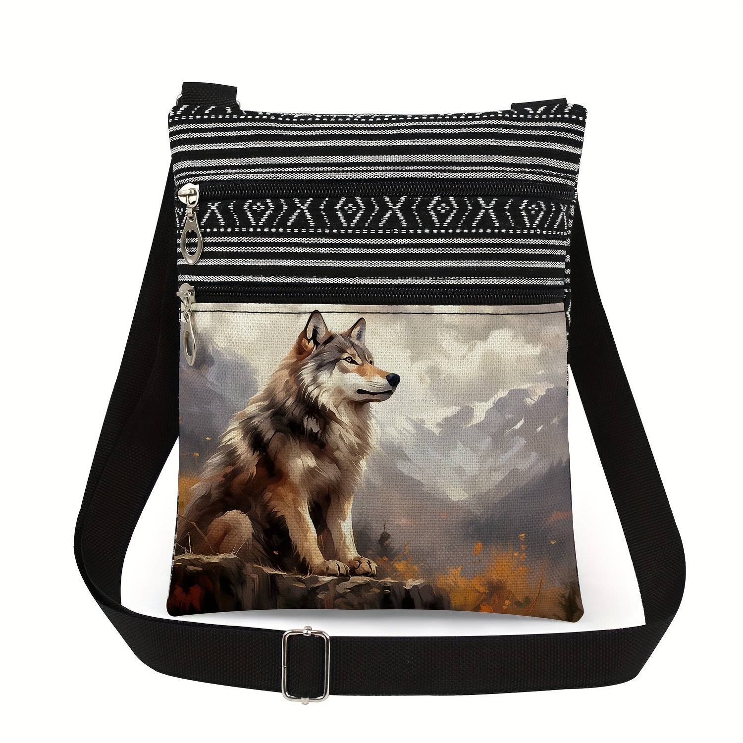 Men's Wolf Print Messenger Bag With Black & - Polyester, Animal Theme