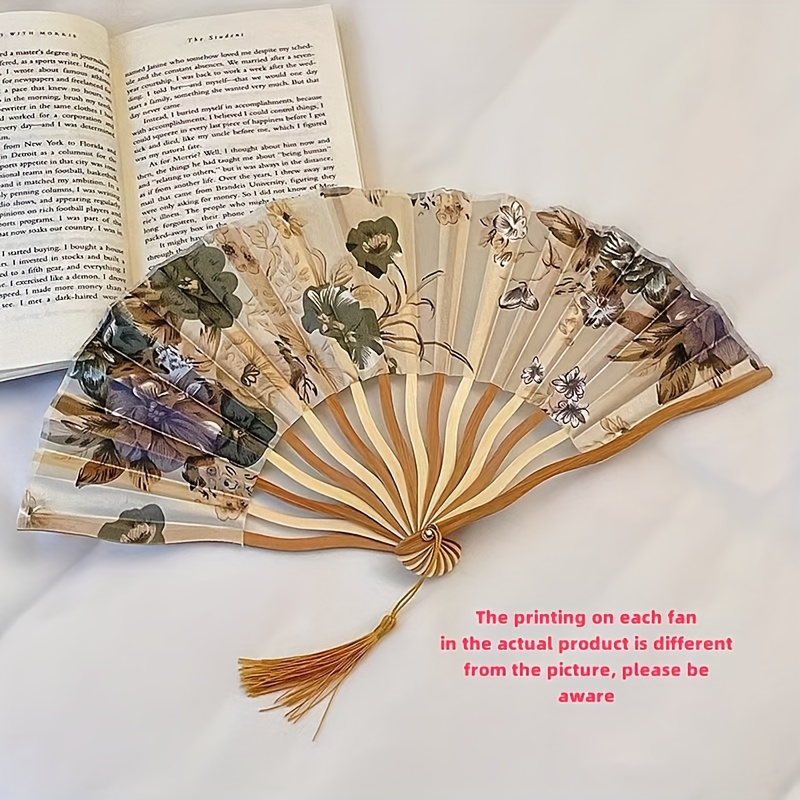TEMU Handmade Vintage Chinese Ink Floral With Tassel - Portable And Elegant Dance Accessory Suitable For Men And Women, Essential For Daily Use And