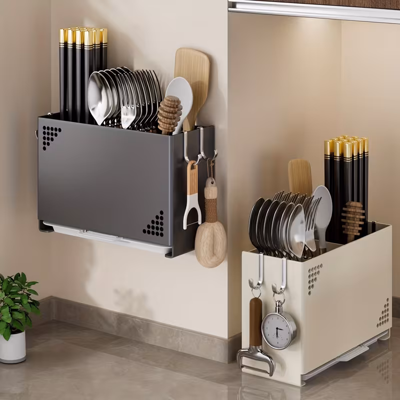 1pc wall mounted chopstick holder space saving kitchen organizer with cutlery slots countertop utensil rack with built in drainage system for home and restaurant use suitable for chopsticks spoons spatulas compact countertop or wall rack Product details 8