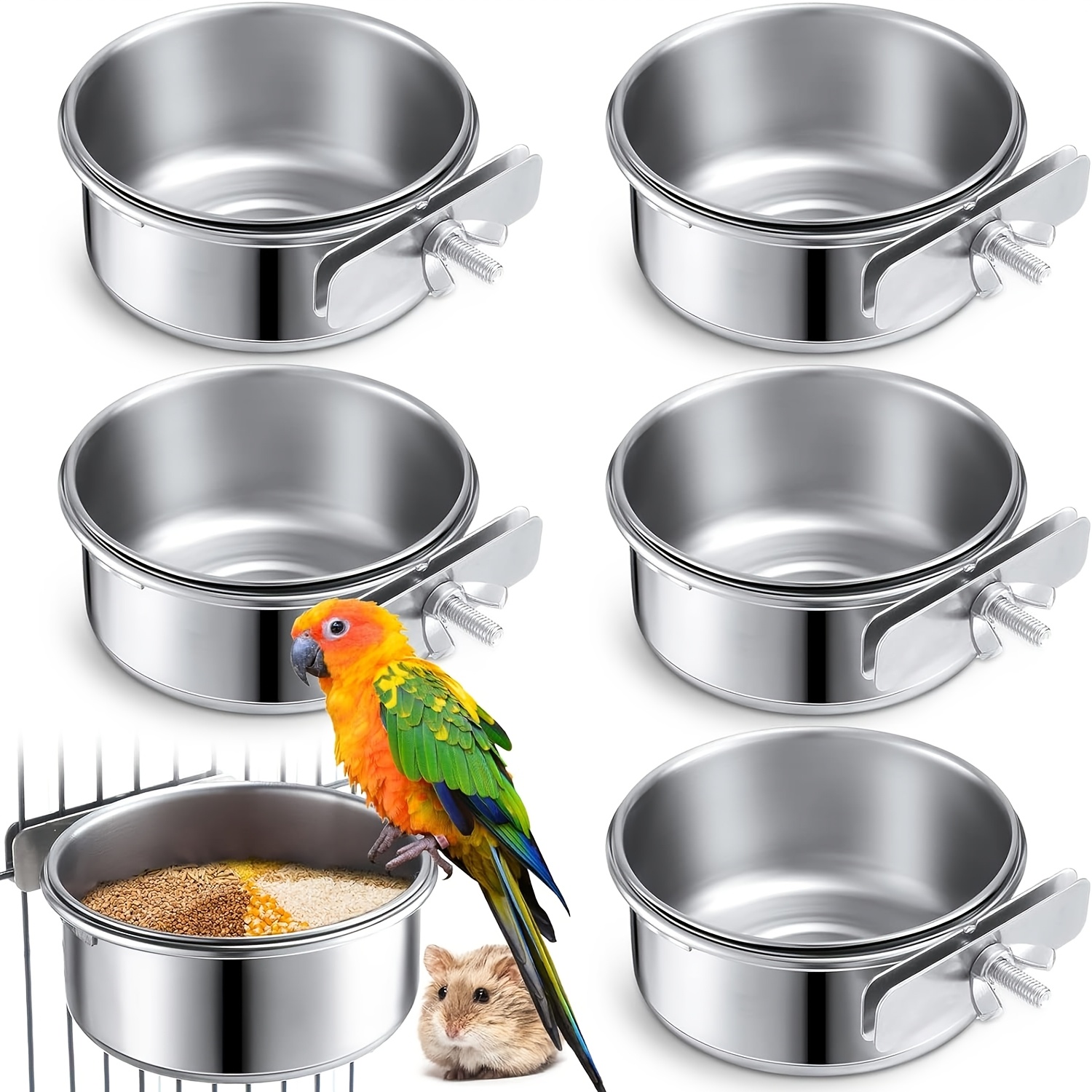 

6-pack Stainless Steel Pet Feeding Bowls, 10oz, Bird Cage Bowls For Parrots, , Small Animals, Feeder Dishes For Cage Use