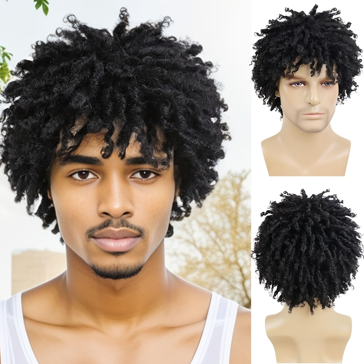 

Men's Afro Kinky Dreadlock Wig, 180% Density Short Braided Synthetic Hair, Low Temperature Fiber, Elegant Style, With Cap For Casual