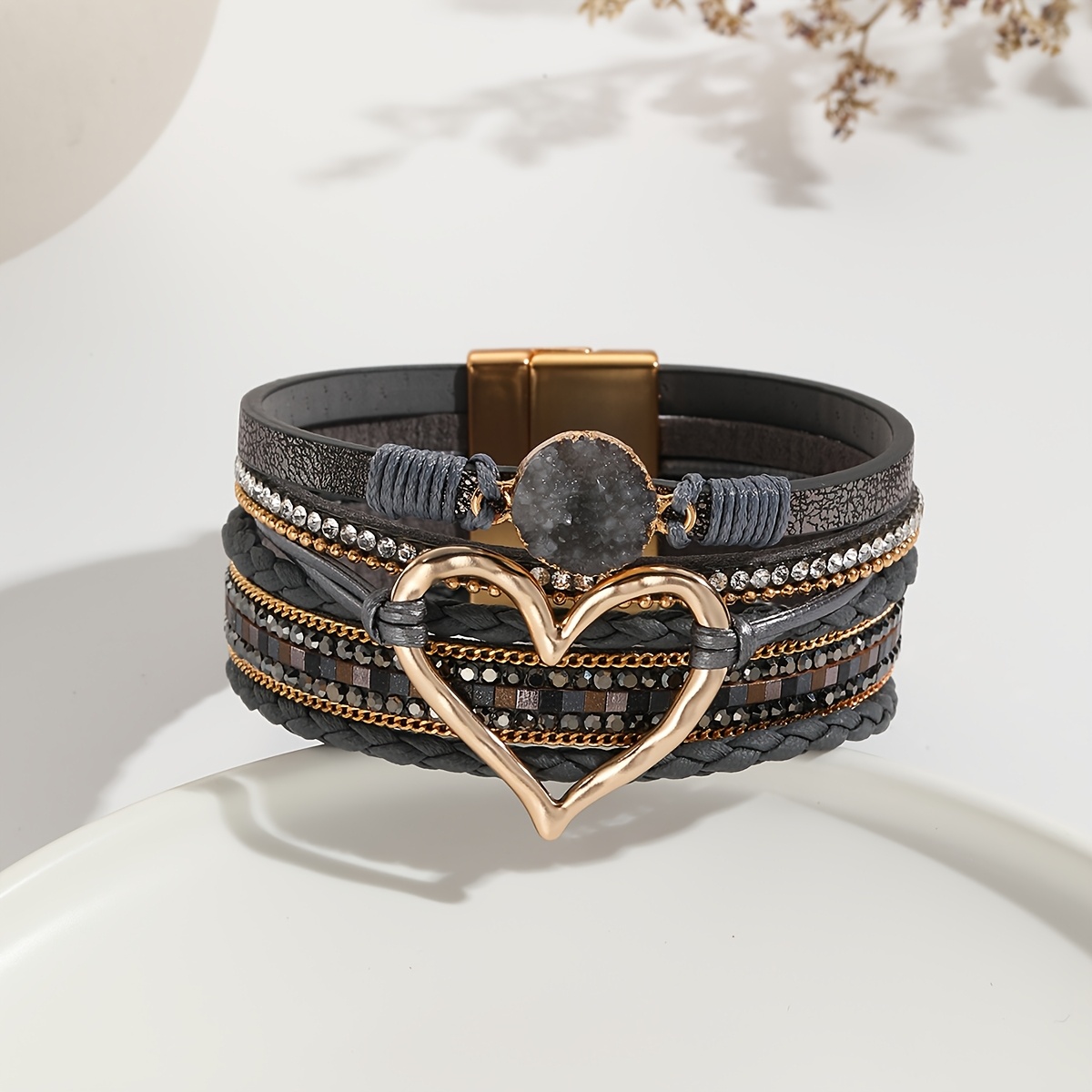 bohemian multi layer bracelet for women synthetic synthetic leather rope heart charm with rhinestones beads golden accents valentines day gift vacation jewelry year round wear bohemian style beaded stone bracelet romantic accessory sparkling rhinestones Product details 7