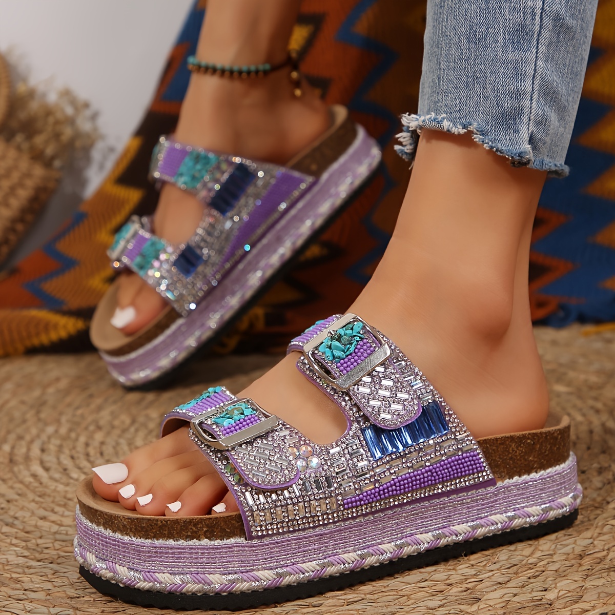 womens platform slide sandals with   embellished buckles slip on open toe summer wedge sandals synthetic cover pu sole for beach vacations casual   strappy sandals beach vacation shoes durable   insole details 6