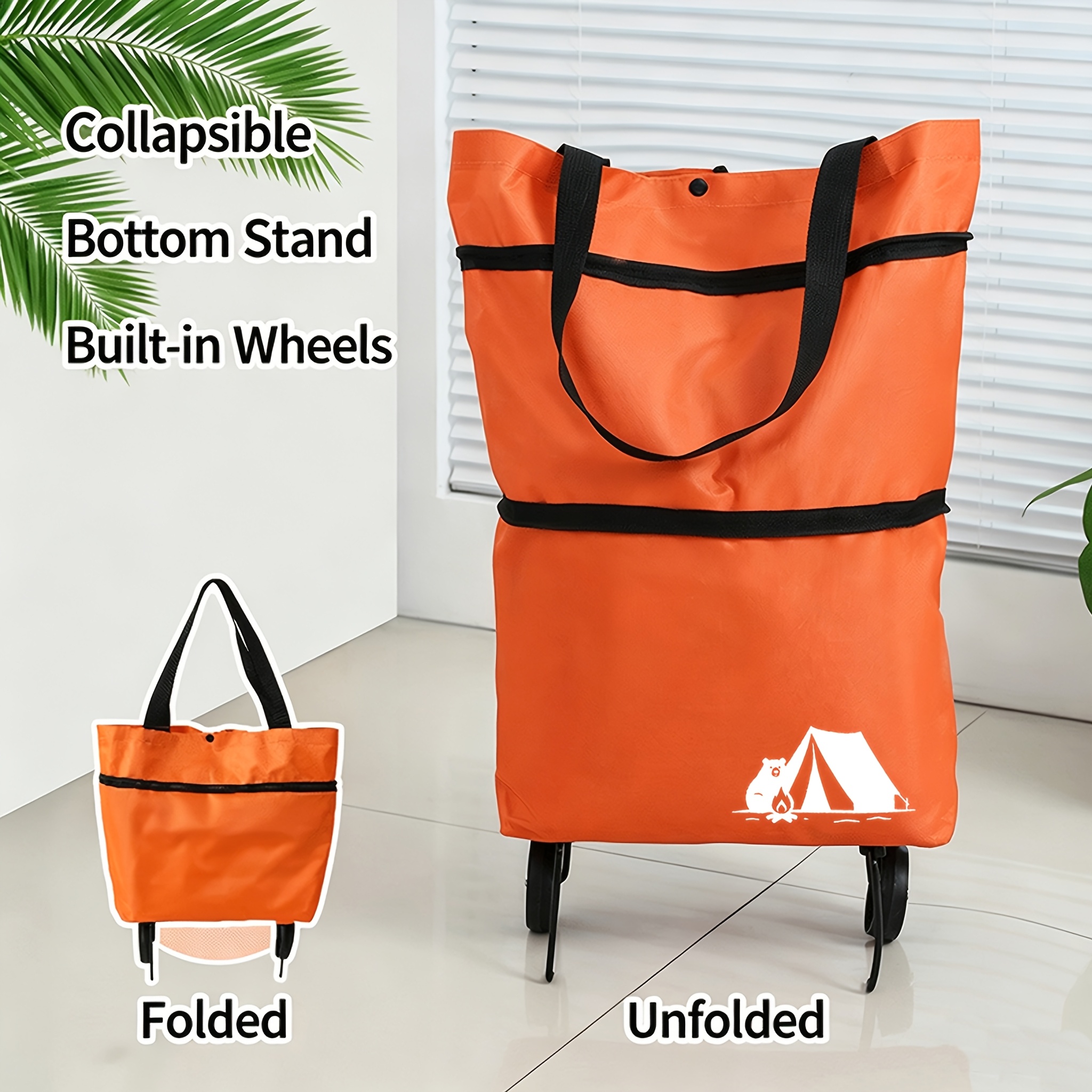 TEMU Portable Folding Oxford Cloth Shopping Bag With Small Pull Cart, Foldable Shopping Trolley, Lightweight With Wheels