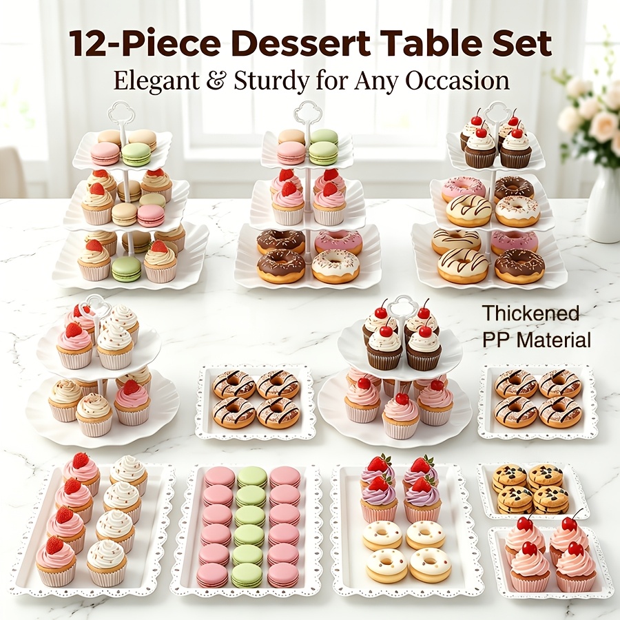 12pcs Dessert Table Display Set, Thickened Pp Plastic Display Rack, Cupcake Stand, Two-tier/three-tier Dessert Tray, Cake Stand, Wedding Birthday Afternoon Tea Candy Cookie Serving Tray
