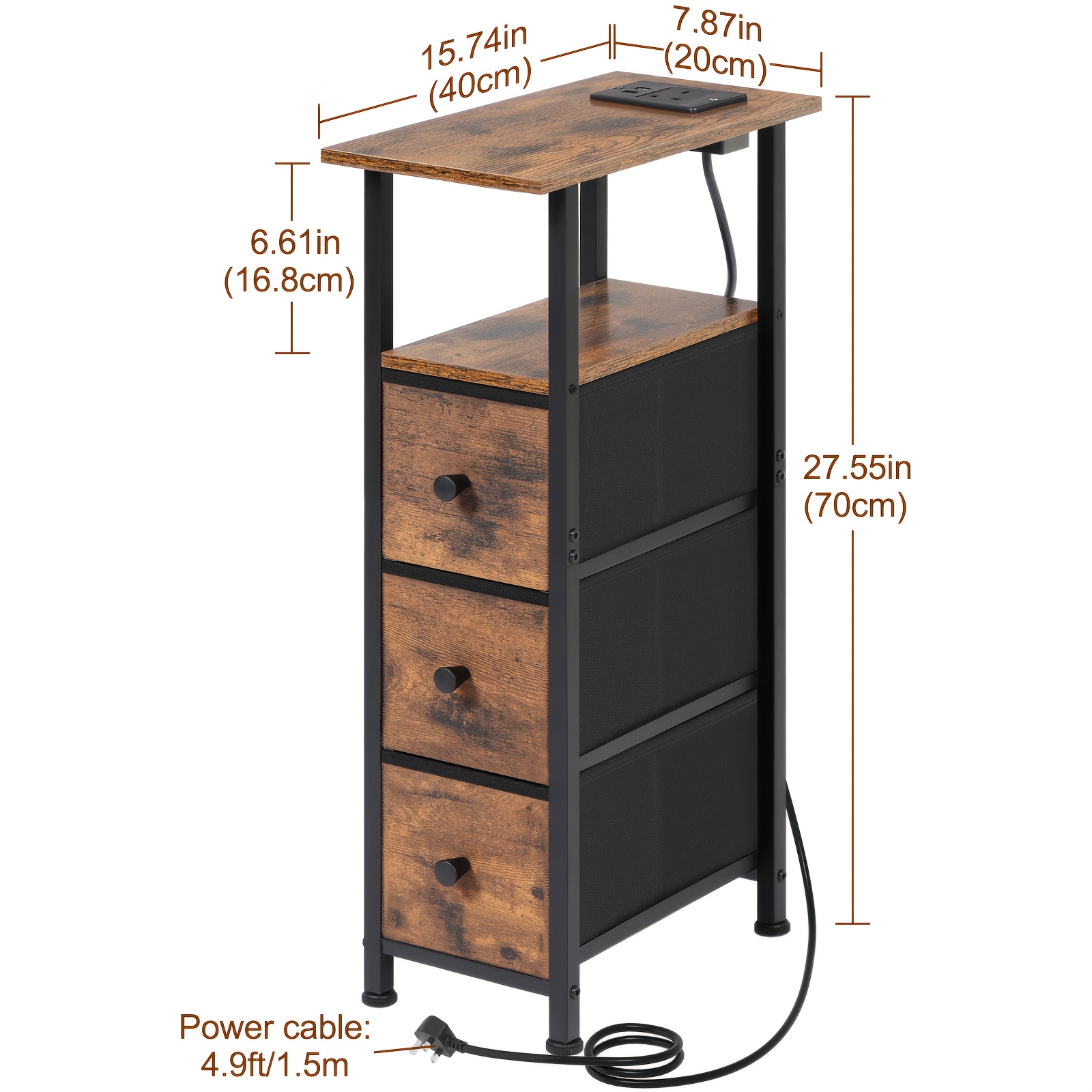 1  pcs bedside table with charging station space saving modern nightstands wood and metal furniture with 3 fabric drawers   small spaces  