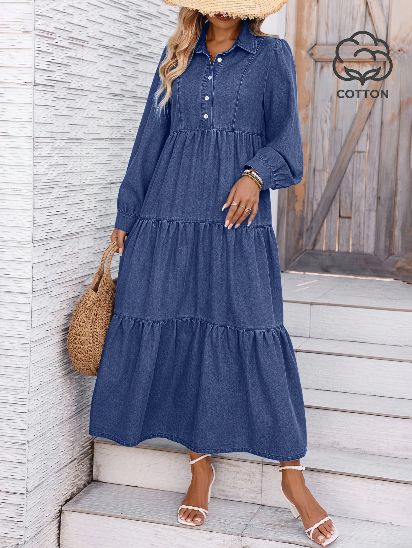 2026SS Women's * Relaxed Fit Washed Denim Cake Layer Long Dress with Lapel  Half-Open Front + Loose Flared * Gentle and Relaxed Denim Dress for Daily  Commuting / Country Strolls / Vacation * Suitable ...