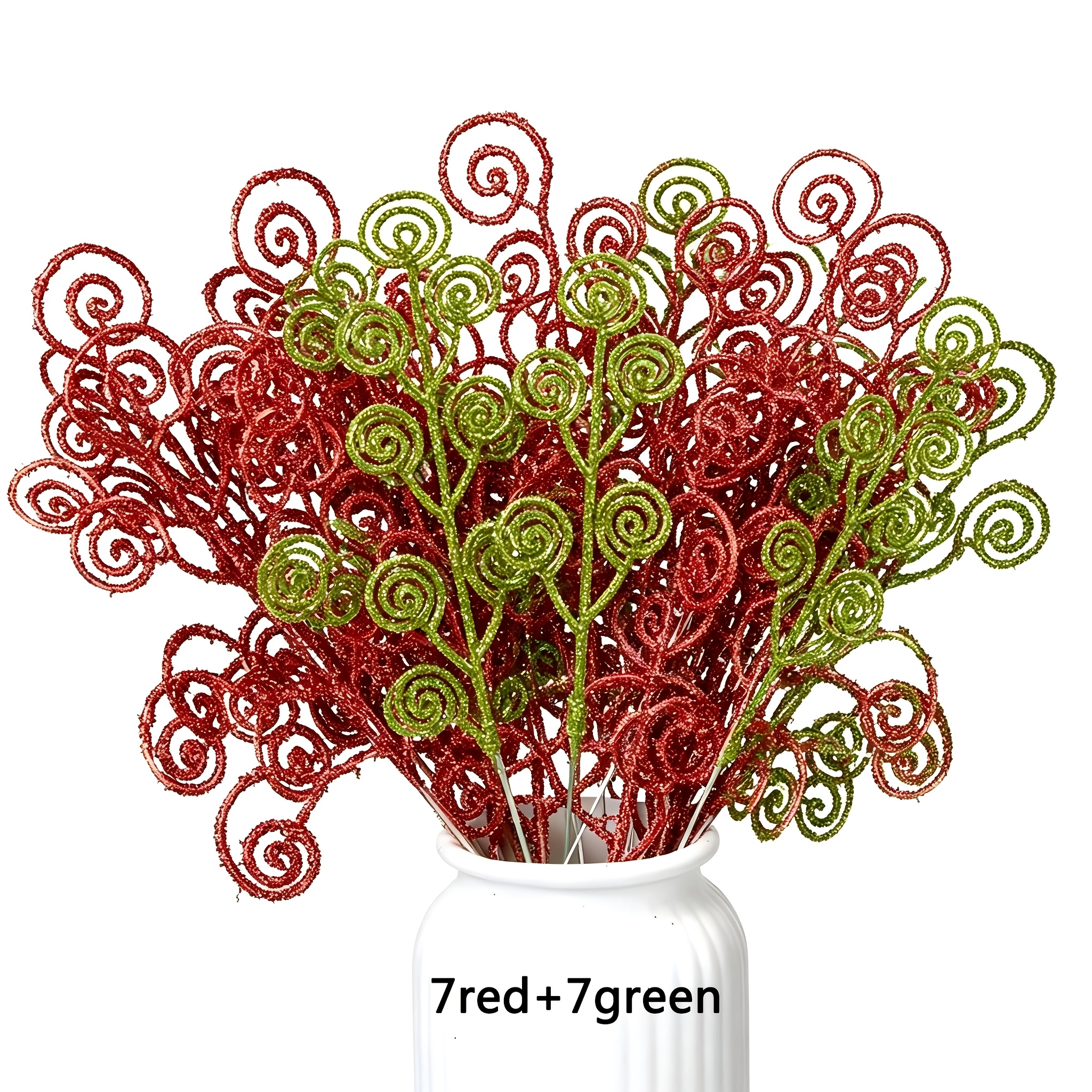 TEMU 14pcs Red And Green Christmas Glitter Tree Picks And Sprays Twigs Artificial Curly Stem Candy Picks Ornaments Branches Sticks For Wreath Vase