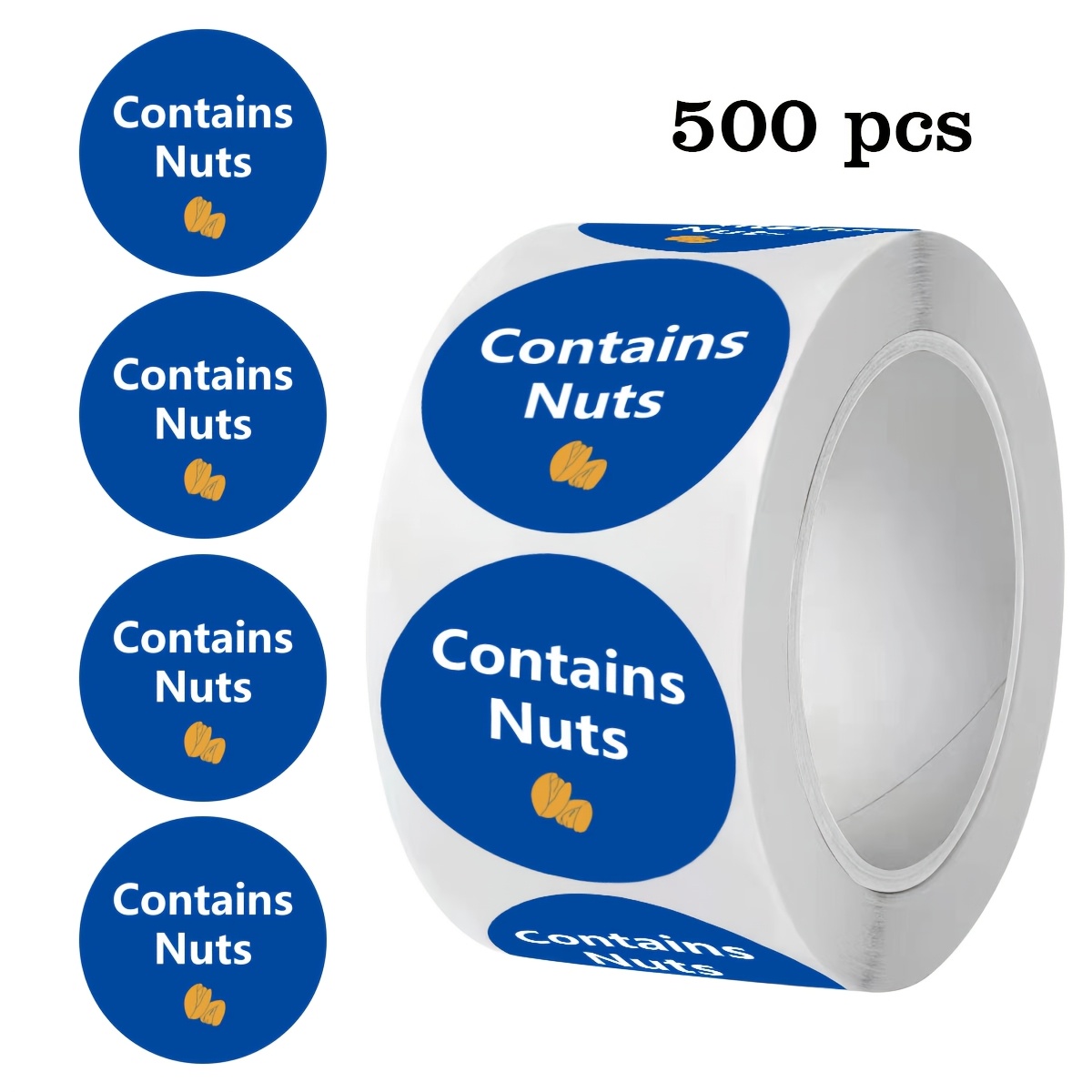 TEMU 500 Stickers/roll Round Contains Nuts Label Warning Stickers Decals Jars Glass Bottles Retail Packaging Pvc Self-adhesive