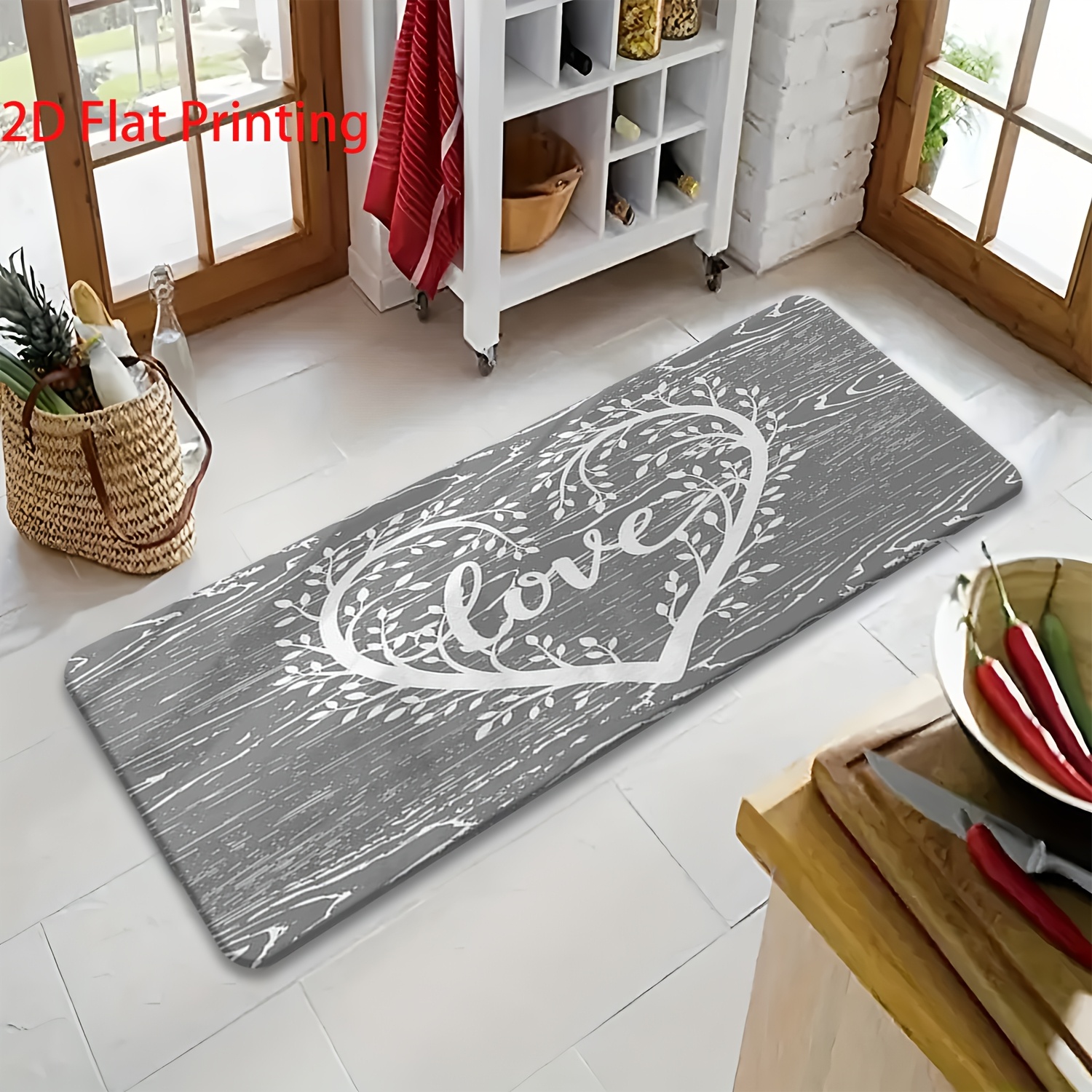 TEMU 1pc 2d Flat Printing Soft Fleece Heart Love Plant Printed Long Runner Rug, Indoor Anti-slip Carpet, Comfortable And Durable Home , Machine