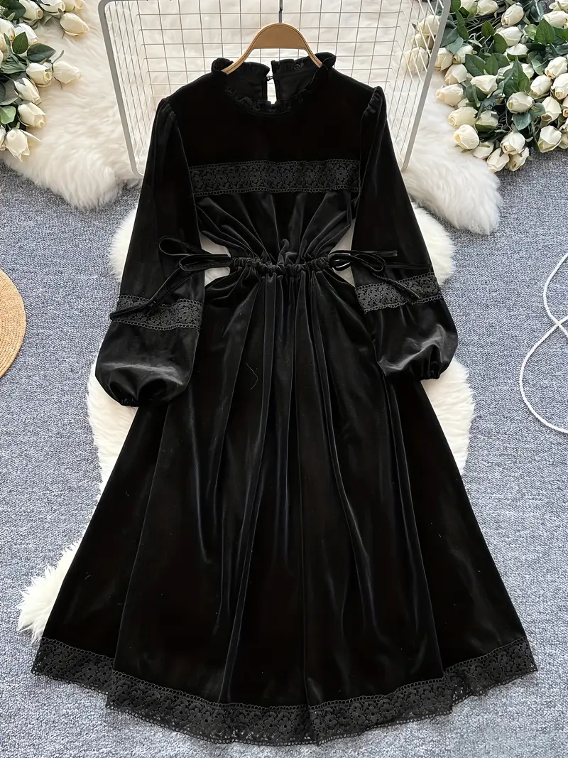 lace winter women dress Womens Vintage A-Line Lace Dress V Neck Flare Sleeve Mid Calf Autumn Winter