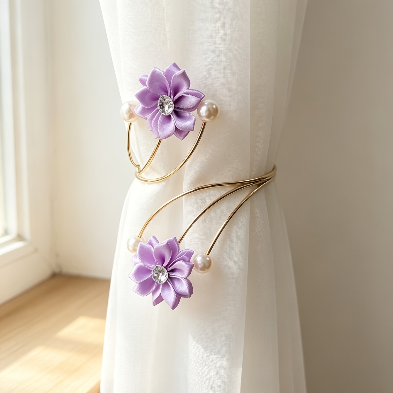 TEMU Sous-orbettes de rideau fleuries perçage, retenues de rideau en alliage avec perle et strass, clips décoratifs pour rideaux voilages, 3 couleurs