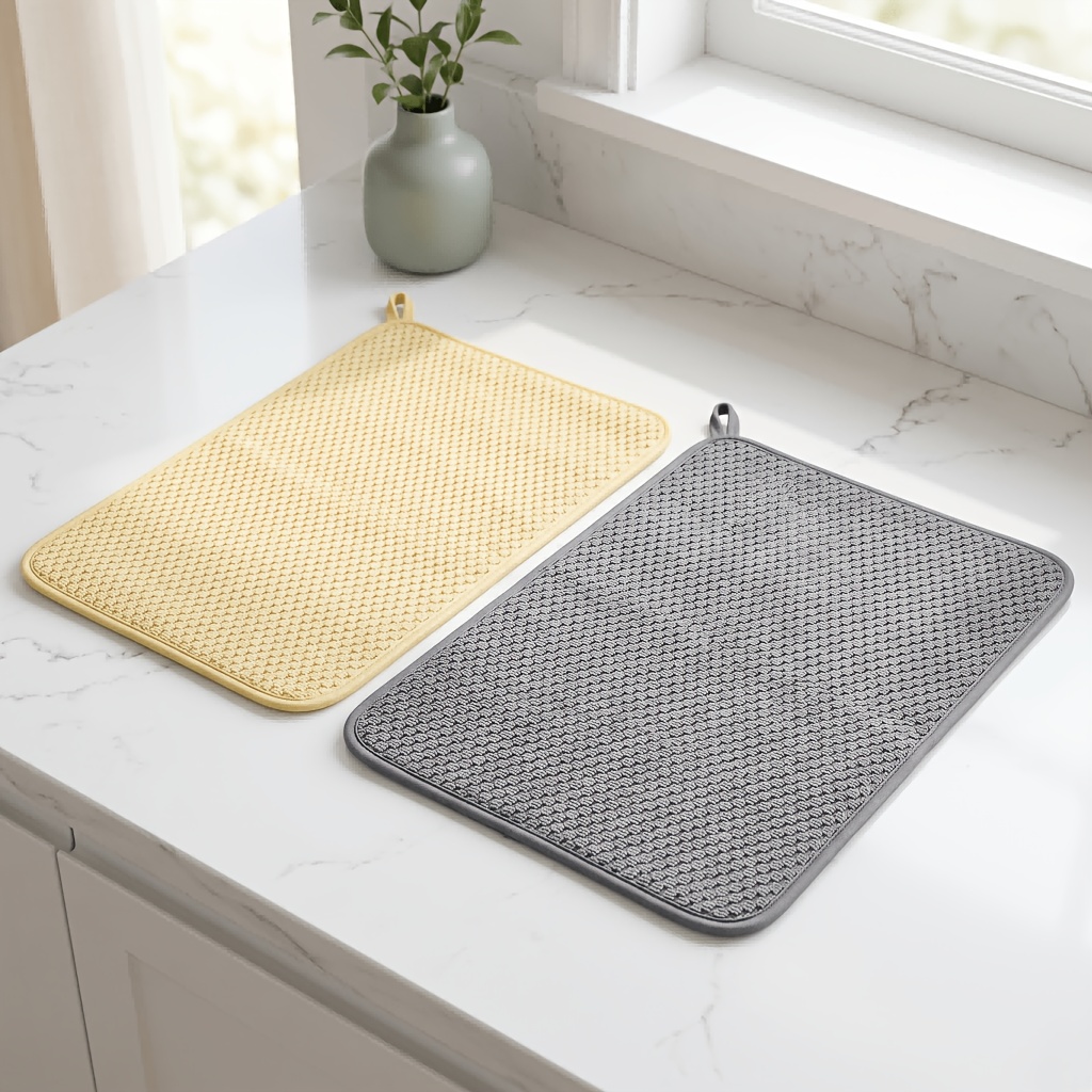 2pcs Absorbent Placemats Suitable For Drying Dishes, Anti-slip Heat-resistant Table Protectors With Microfiber, Easy-clean Dish Drying, Dining Table, Suitable For Plates, Pots, Pans (grey And Yellow)