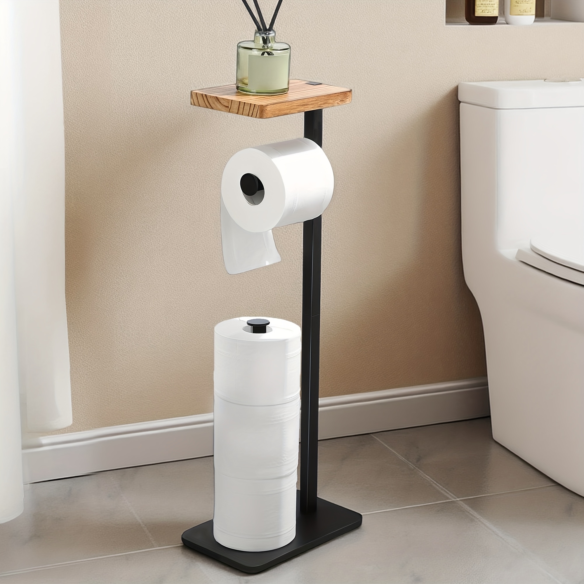 Image of Holiday Gift, Vertical Rotating Toilet Paper Holder With Shelf - And Wood Bathroom Storage Rack, Can Hold 4 Rolls, Bathroom Additions, Heavy Sturdy Base, Suitable For Bathroom And Kitchen