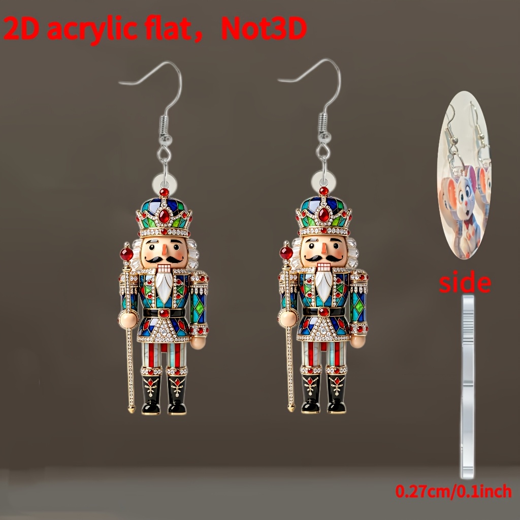 TEMU 2d Flat - Flat 2d Design, 1 Pair Women's Nutcracker Earrings - Bohemian Vintage Style, Suitable For Daily Wear And Christmas Parties, Colorful