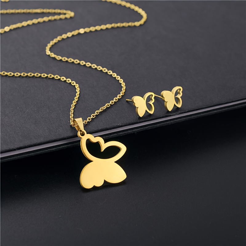 

Hollow Butterfly Pendant Necklace Earring Set Stainless Steel Golden Jewelry Collar Earnail Set Chain