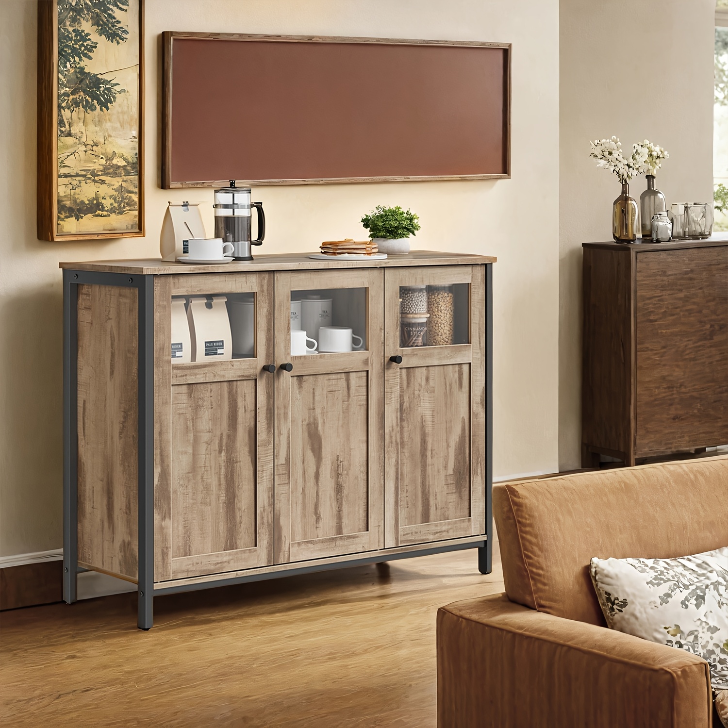 E-shop Sideboard, Küchenschrank, Aufbewahrungsschrank, mit Glastüren, Industrie-Stil, Kamelbraun-Tintenschwarz, Schubladen-Einheiten
