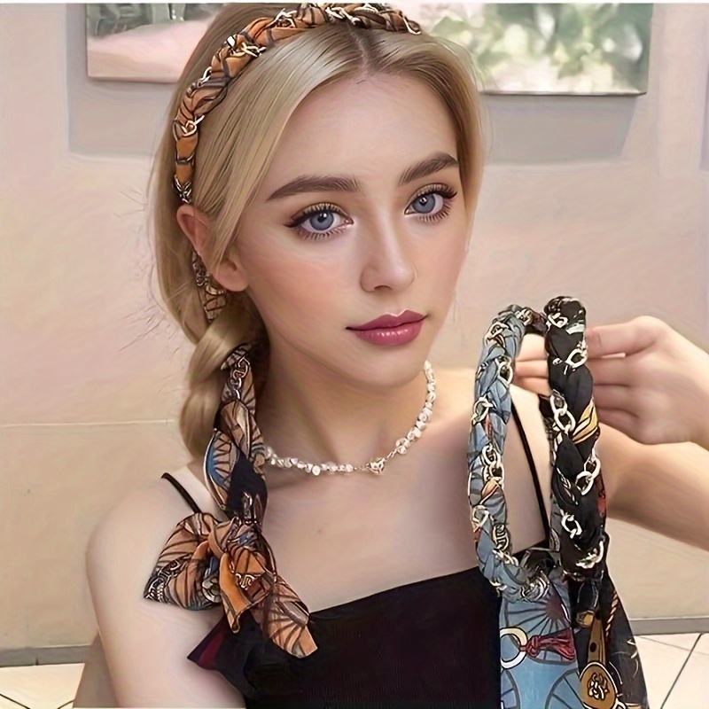 

1pcs French Retro Chain Satin Fabric Hair Hoop With Floral Ribbon Tie Integrated Braiding Hairband, Polyester Head Accessory For Women, For All- Over 15 Years Old