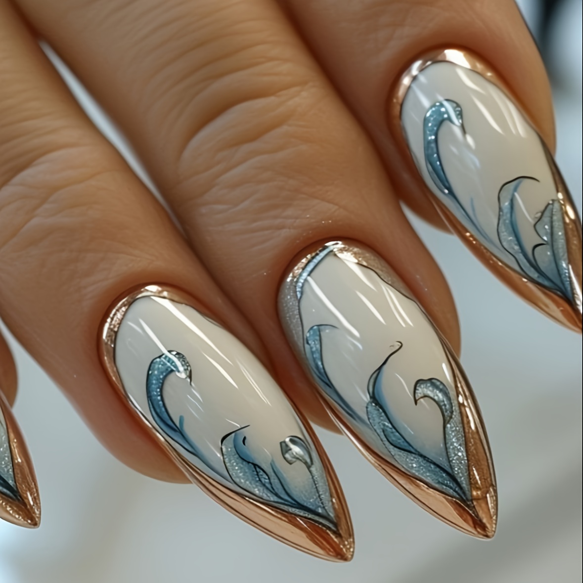 

Almond Shaped Press-on Nails, Medium Length, Glossy Finish, Blue And Golden Plant Design With Detachable Red Golden Accents