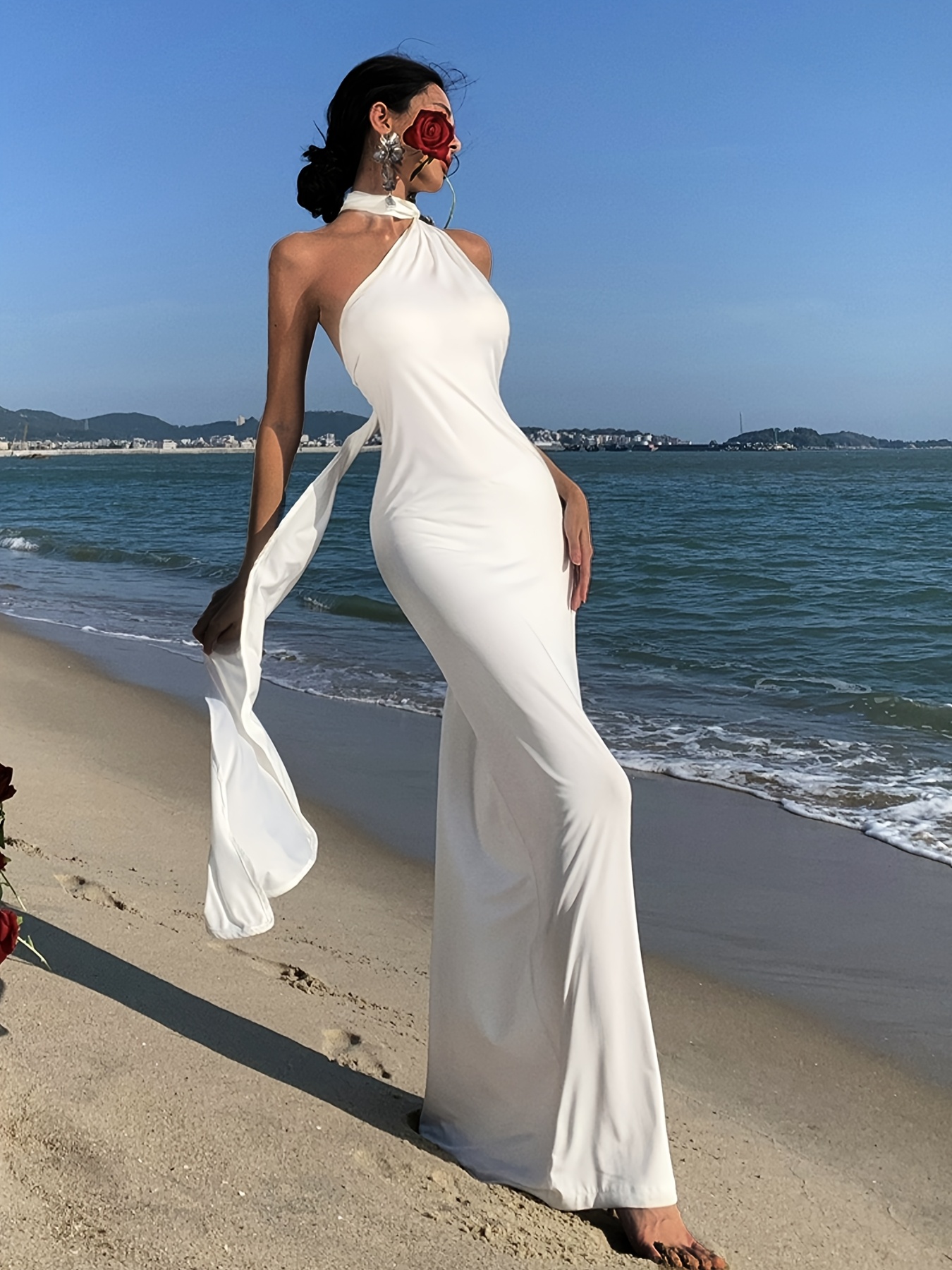 navy blue dress for baby girl Asymmetrical V-neck Sheath Lace Long Sleeve Beach Wedding Dress With Tassel main image 0