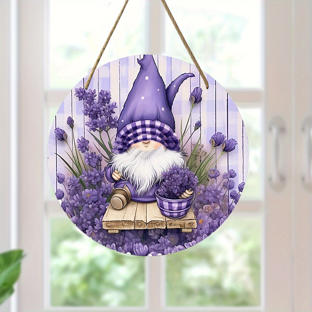 

1pc Spring Welcome Sign, Lavender Flower Gnome Wooden Hanging Sign, Wooden Hanging Plaque, Front Door Porch Living Room Bedroom Home Decoration, Rustic Round Wall Decor