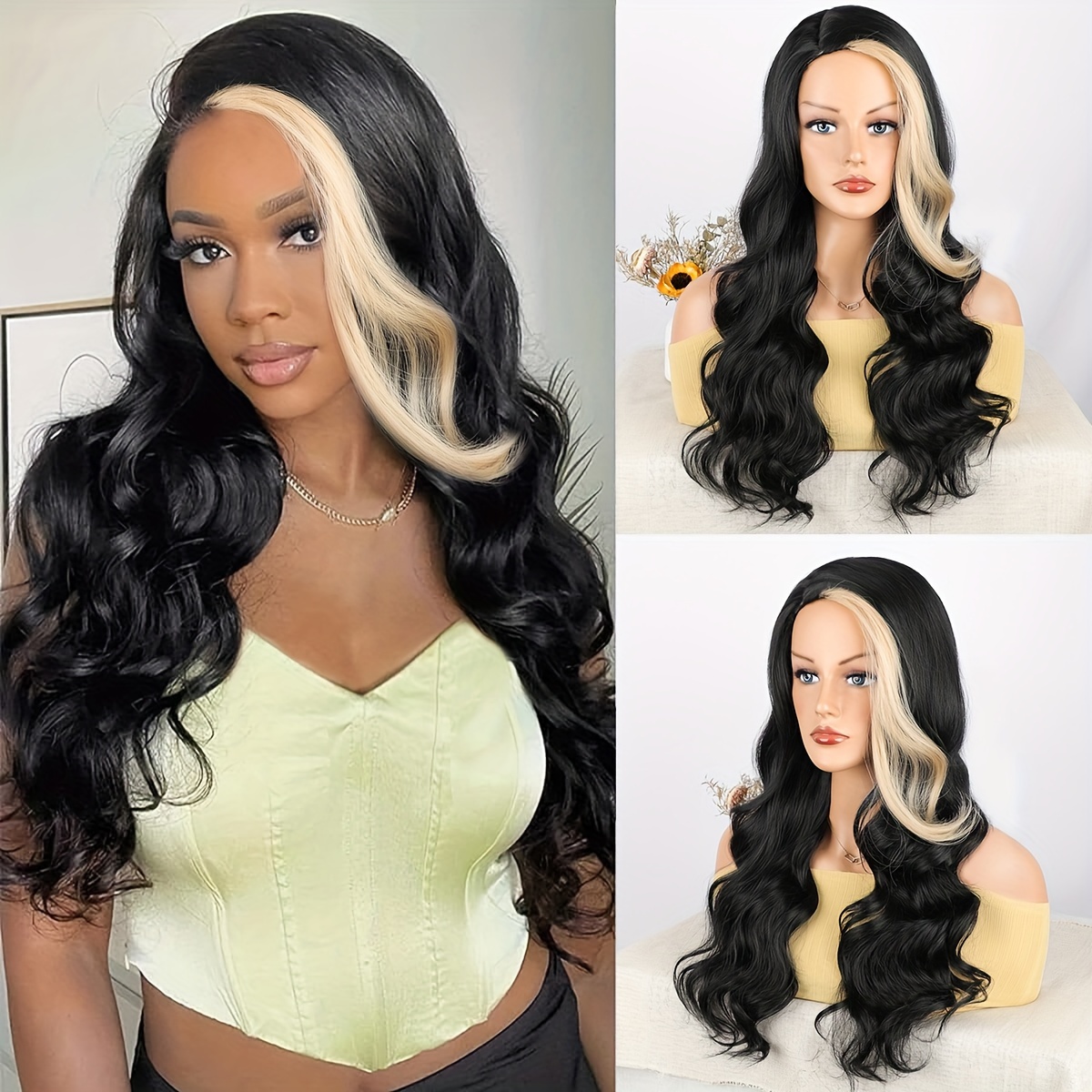 Body Wave Long Wavy Synthetic Wig Black Mixed Blonde Wig Temu