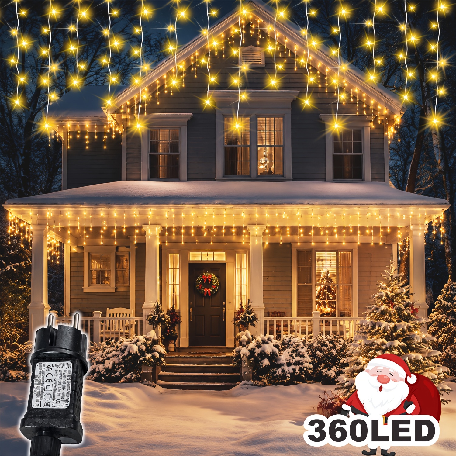 TEMU 15/10M Weihnachts-Eisstangen-Lichter zum Einstecken, 360/240 LED Warmweiße Outdoor-Lichterkette, 12 Leuchtmodi mit Speicher und Timer. für Hof,