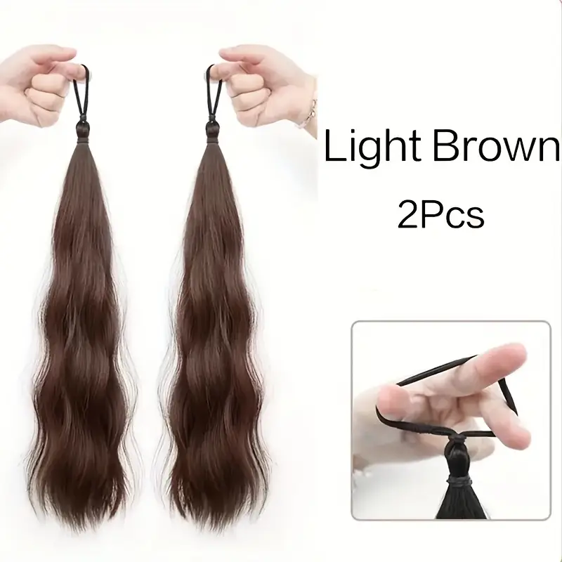 2pcs set of synthetic hair long wavy braided ponytail band with elastic rubber band straight style womens elastic hair loop suitable for hairstyles wigs details 2