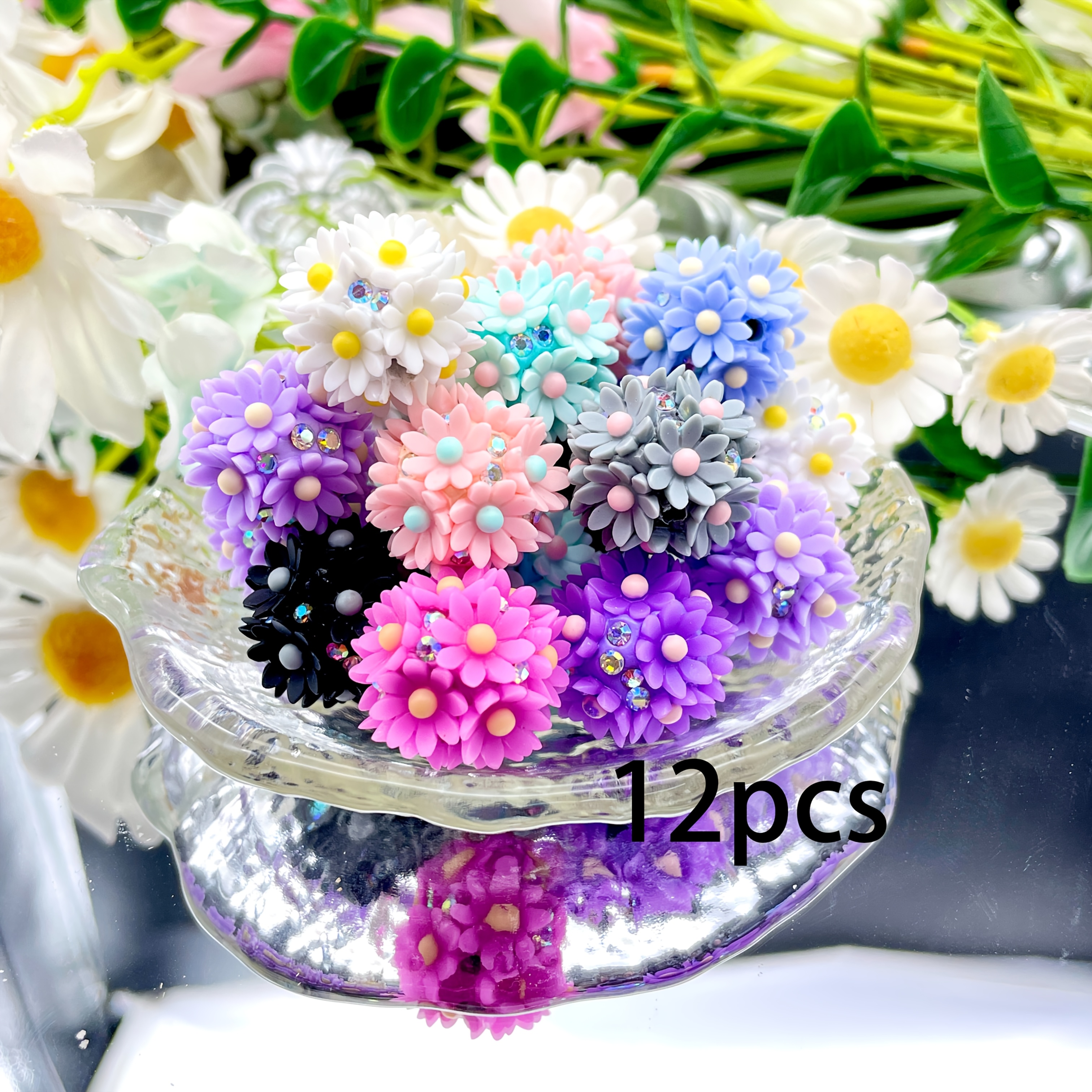E-shop 12 Stück 20mm Weiche Tonblumenkugel-Perlen in Lila, Weiß, Blau, Grün, Rot und Schwarz, gemischte Farben für Armbänder, Schlüsselanhänger,