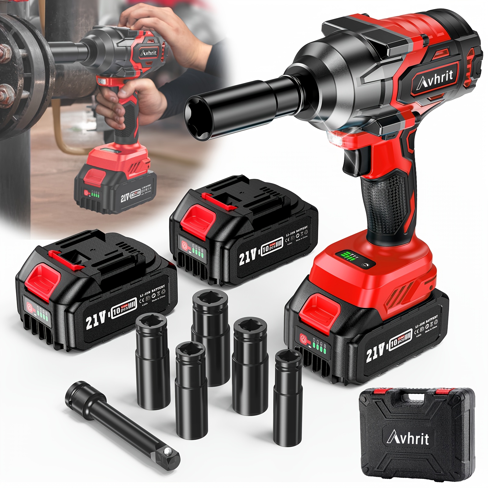 Image of 850 N.m Brushless Impact Wrench With 2 Mah Battery, 1/2 Inch Impact Wrench For Car Tyre Change, Quick Charger, 5 Sockets