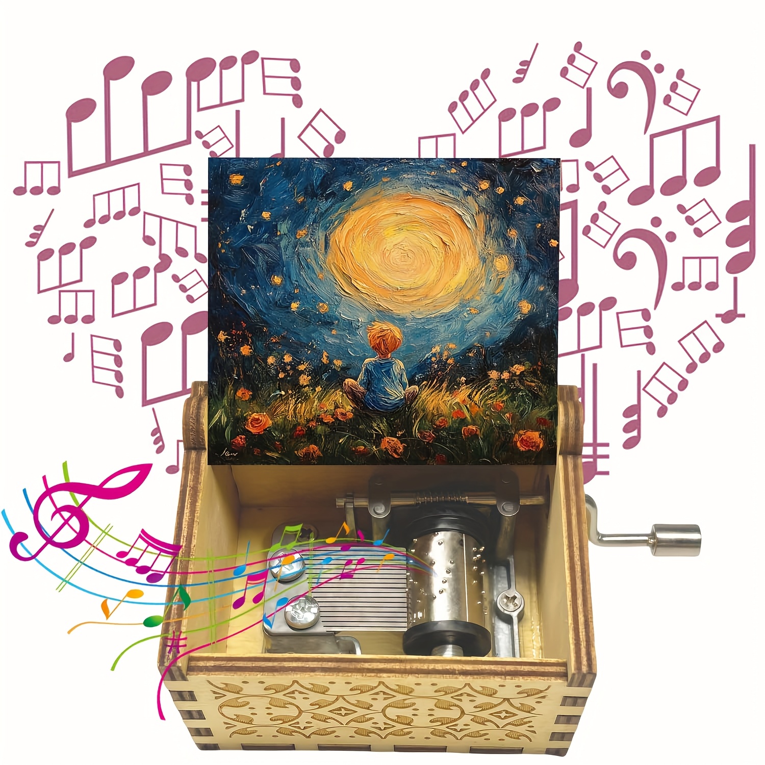 E-shop Eine Vintage-Holz-Spieluhr mit Handkurbel und einem geschnitzten Ölgemälde einer einsamen Figur, ein herzliches symphonisches Geschenk für