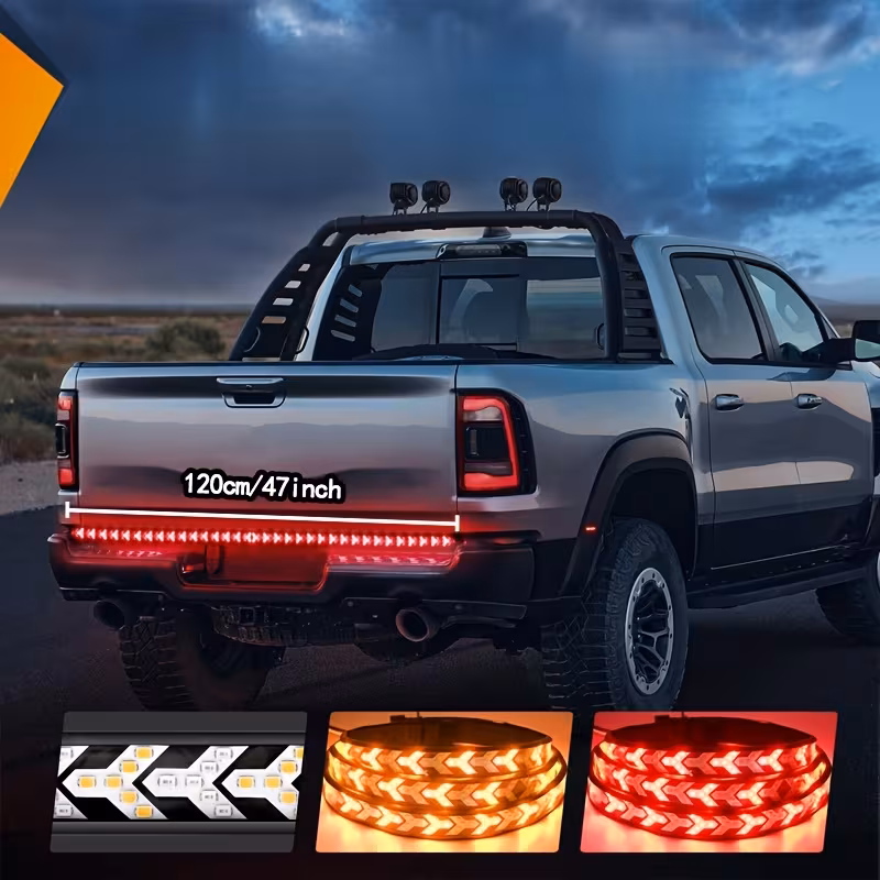 a 120 cm long led light strip designed for off road vehicles featuring arrow shapes and flowing red and yellow lights this car atmosphere light strip serves as a decorative neon addition to the back of a truck and for a considerate gift Product details 3