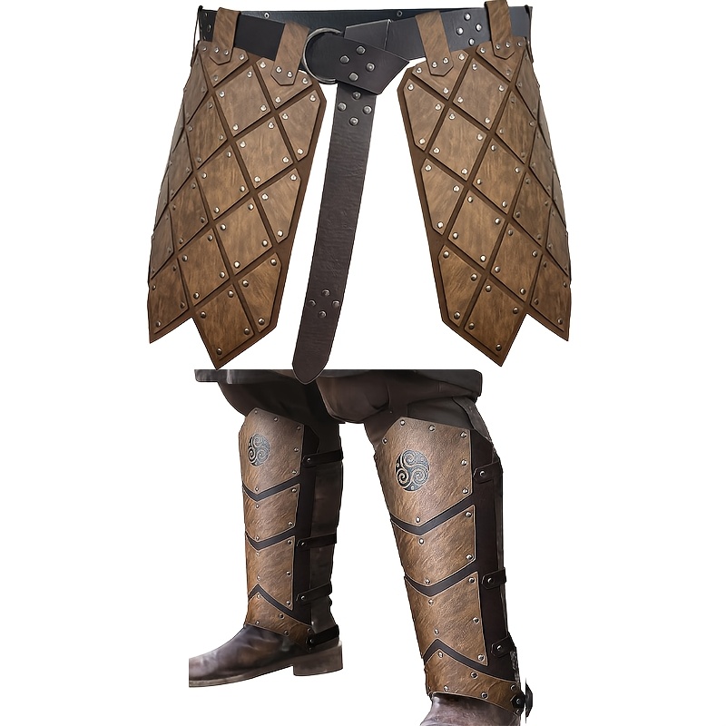 Image of 5pcs Medieval Retro Armor Costume Accessory Set, Vintage Faux Leather Skirt Armor, Belt, Leg Guards, Suitable For Festivals, Parties, Costume Additions, Stage Performances, And Themed Events