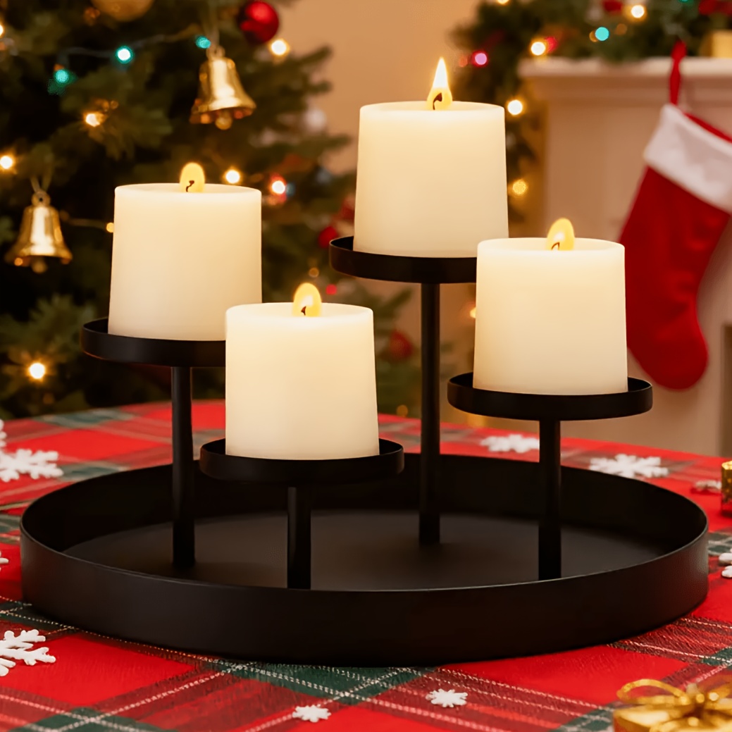 TEMU 4pcs Black Metal Candlestick Set, Christmas Candlestick, Valentine's Day Round Candlestick, Suitable For Christmas And Wedding Decorations, As