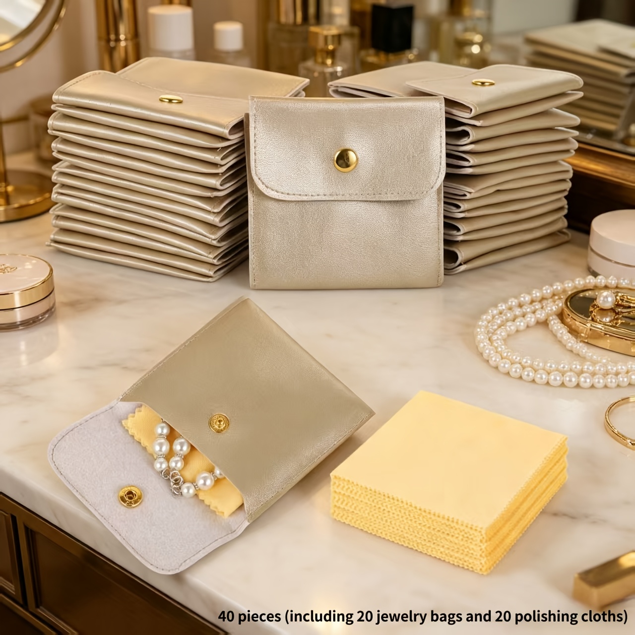 TEMU 40pcs Golden Pu Leather Jewelry Pouches And Yellow Jewelry Polishing Cloths, Includes 20 Jewelry Pouches And 20 Polishing Cloths, Holiday Party